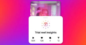 A colorful interface showing a social media reel with an overlaid card displaying engagement statistics: 504 views, 126 likes, 4 comments, and 12 shares. The background is a gradient of pink and purple.