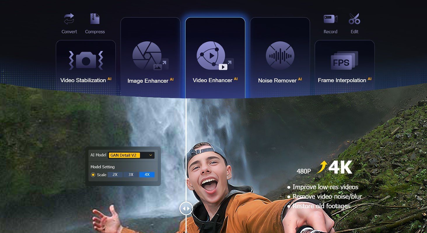 A person smiling and pointing in front of a waterfall, overlaid with video editing software interface elements like video stabilization, image enhancement, and noise removal. The text mentions 4K, AI models, and settings for video enhancement.