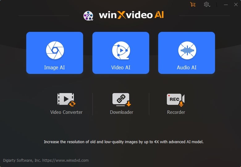 Screenshot of WinX Video AI software interface showing three main features: Image AI, Video AI, and Audio AI. Additional tools include Video Converter, Downloader, and Recorder. A note about enhancing resolution with AI is displayed at the bottom.