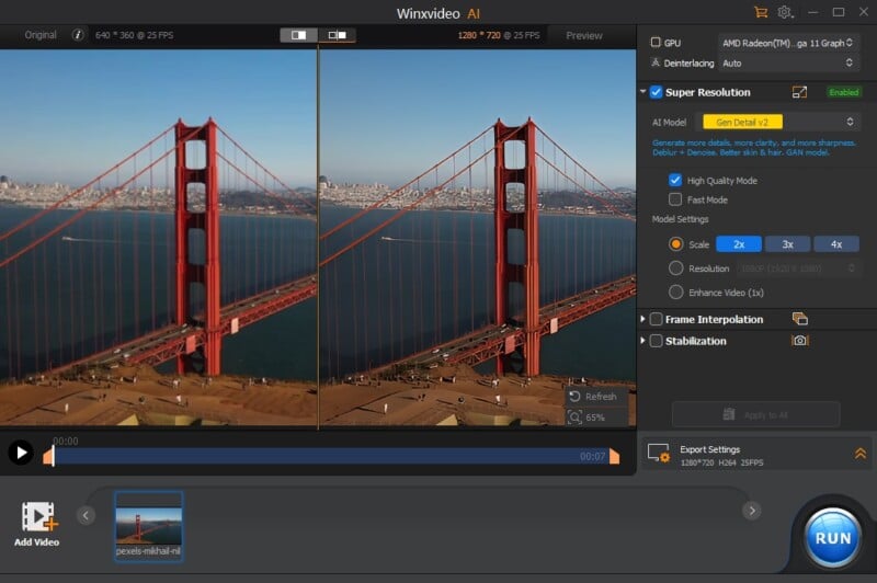 Screenshot of video editing software interface showing a split-screen comparison of a bridge. The left side displays the original image, while the right side shows an enhanced version. Various editing options and settings are visible on the right panel.