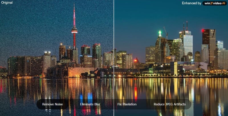 A cityscape image is divided into two sections. The left shows a noisy, blurred skyline at night, labeled "Original," while the right displays a clearer, sharper version of the same scene, labeled "Enhanced by win.Video AI.