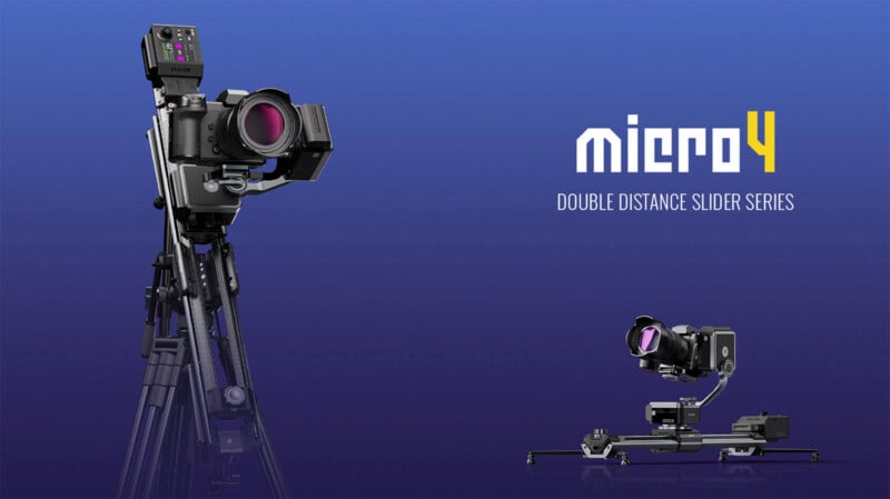 A professional two-camera setup is displayed against a blue background with the text "micro4 Double Distance Slider Series." One camera is mounted on a tripod, and the other is on a motorized slider.