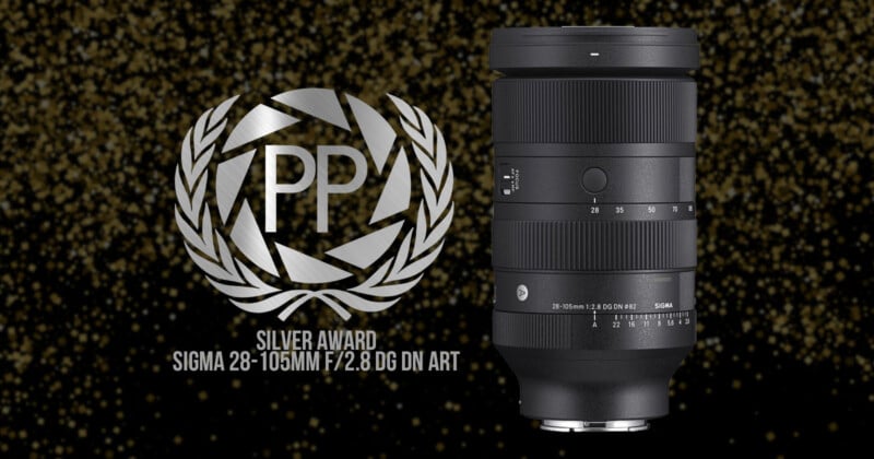 Image of a Sigma 28-105mm f/2.8 DG DN Art lens on a dark speckled background. Beside it, a silver award crest and text, "PP Silver Award," celebrate the lens's recognition.