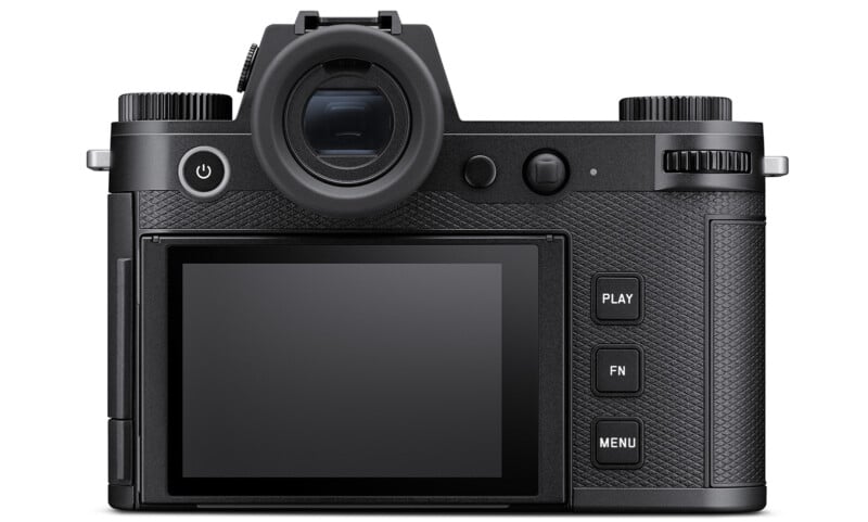 Rear view of a black digital camera showing the LCD screen, control buttons, and viewfinder. The buttons include "Play," "FN," and "Menu," situated on the right side. The camera has a textured grip and an on/off button on the top left.