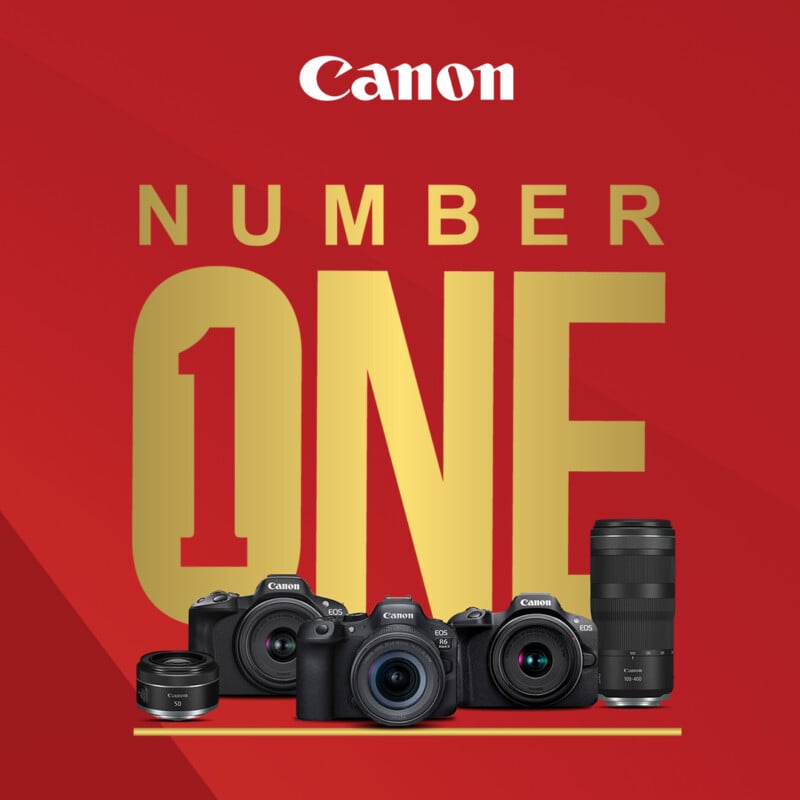 A Canon advertisement featuring various cameras and lenses. The background is red with gold text reading "Number One." Canon's logo is displayed at the top.