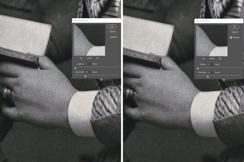 A black and white photo of a hand holding a book. The image is split in two to show a comparison. Both sections feature a small editing window with settings labeled "Dust & Scratches" visible on top of the photo.