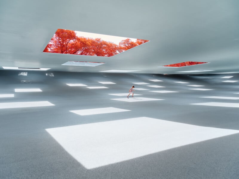 A person walks across a large, open white space with square-shaped openings in the ceiling. Bright red trees are visible through the openings, casting square shadows on the floor. The scene has a surreal and minimalist aesthetic.