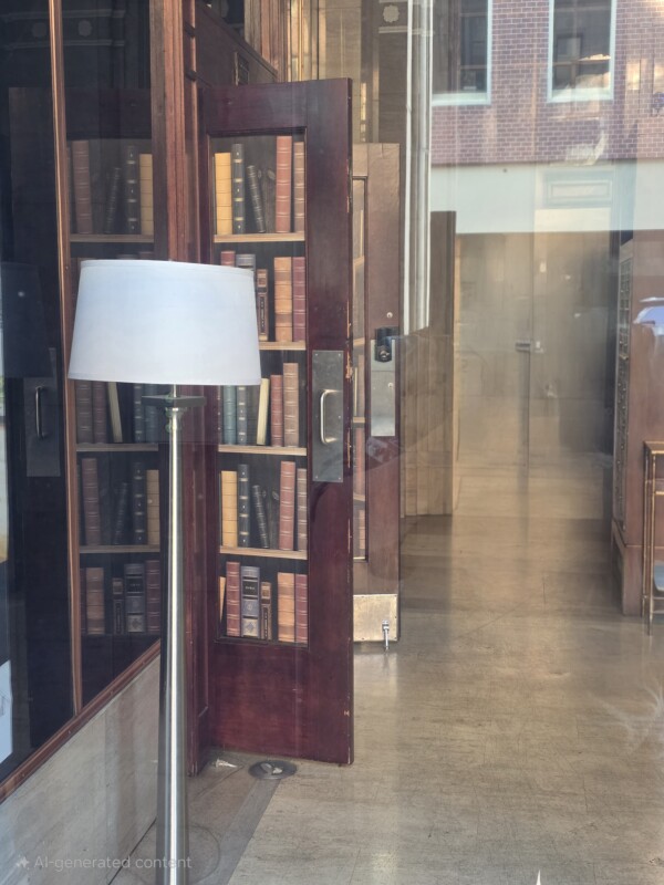 A store window displays a room with a polished floor, a tall floor lamp, and a door designed to resemble a bookshelf. A real bookshelf with many books is visible, with a reflection of the street outside.