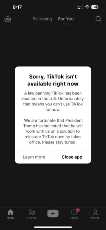 A TikTok app screen displays a message about TikTok being unavailable due to a U.S. law banning the app. It mentions working on a solution with President Trump to reinstate it once he takes office. Options to learn more or close the app are shown.