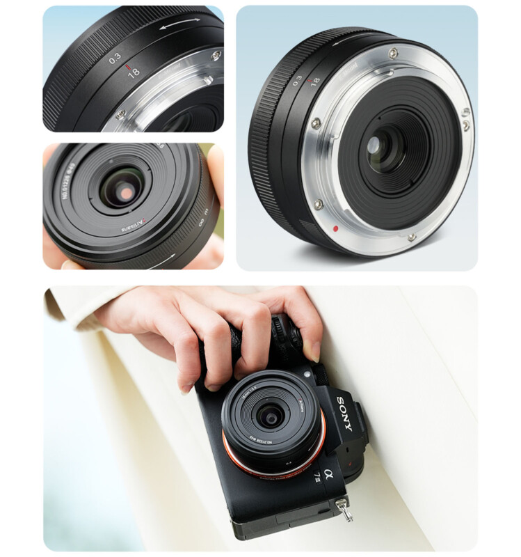 A collage of four images showing a camera lens and a person holding a Sony camera. The images detail the lens from various angles, including the front and metal mount. The camera is compact, with the person in a white coat carrying it.