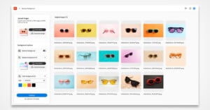 A digital interface displaying a collection of sunglasses images against colorful backgrounds. On the left, options for uploading images, background changes, and color adjustments are visible.