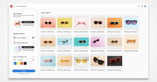 A digital interface displaying a collection of sunglasses images against colorful backgrounds. On the left, options for uploading images, background changes, and color adjustments are visible.