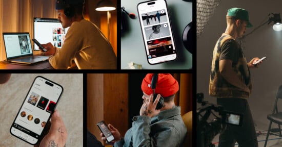 Collage of people using smartphones and laptops. Top left: person at a desk with a laptop. Center: phone displaying a social media app. Bottom left: person browsing music. Right images: individuals in casual settings using phones.