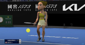 A 3D animated character with a tennis racket stands on a blue tennis court, focusing on an incoming ball. The scoreboard shows "Sabalenka 0, Keys 15" and logos in the background.