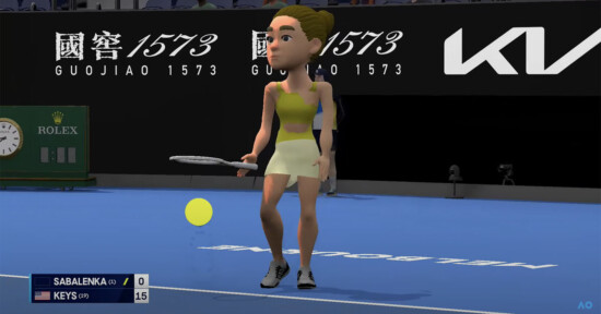 A 3D animated character with a tennis racket stands on a blue tennis court, focusing on an incoming ball. The scoreboard shows "Sabalenka 0, Keys 15" and logos in the background.