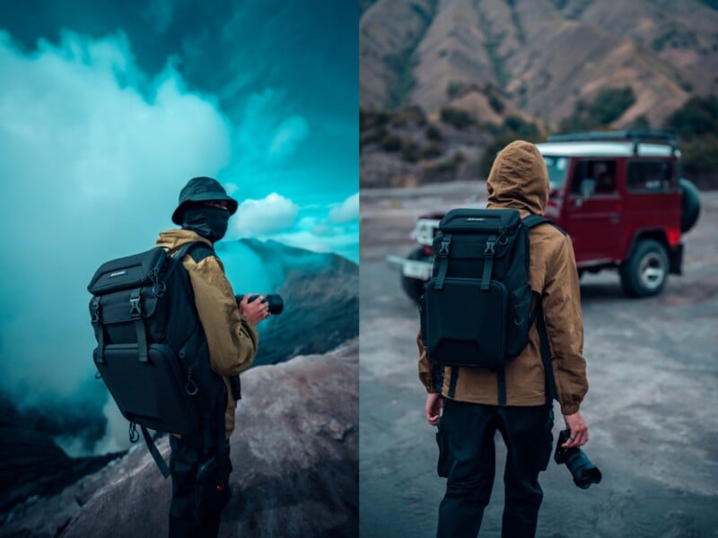 Split image: Left shows a person in a yellow jacket and black backpack holding a camera, facing misty mountains. Right depicts the same person near a red SUV in a mountainous area, still holding the camera. Both scenes capture an adventurous mood.