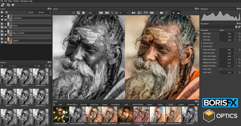 Image editing software interface showing a split-screen comparison. Left side displays a black and white portrait of a bearded man with textured skin, while the right side is in color. Various editing tools and options are visible, with "Boris FX Optics" logo.