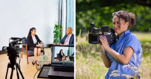 Left: Two people sitting in a studio setting being filmed, surrounded by cameras and equipment. Right: A person wearing a blue shirt operates a video camera outdoors, standing in a grassy field.