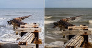 Split image showing a pier or groyne extending into the sea. Left side has calm water under a cloudy sky; right side shows motion-blurred waves under similar conditions. Both sides capture the structure's wooden and metal details.