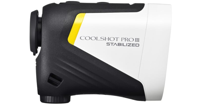 Side view of a black and white rangefinder with a yellow accent. The device has buttons on top and is labeled "COOLSHOT PRO III STABILIZED" on the side.