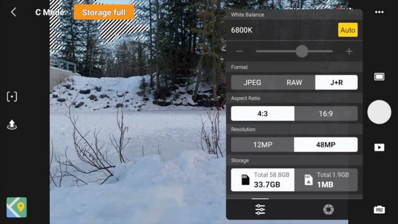 Camera settings display over a snowy landscape with trees. The screen shows storage full, white balance at 6800K, and options for JPEG/RAW formats. Resolution is 12MP, with storage details indicating 58.8GB total and 33.7GB used.