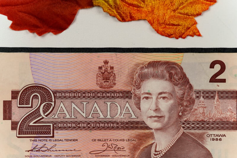 A close-up of a Canadian 2-dollar bill from 1986 featuring an image of a woman. The bill is adorned with intricate designs, and a portion of an autumn leaf is seen above the bill.