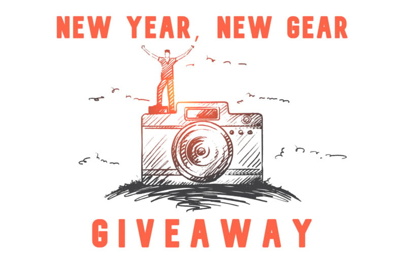 Illustration of a person standing on a giant camera with arms raised. Surrounding the image are birds and grass. Text reads "New Year, New Gear Giveaway" in bold, orange letters.