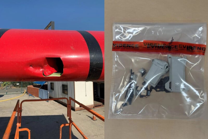 A red object with a hole in it on the left, and a white drone with a broken arm in a clear evidence bag on the right. The scene suggests possible damage or collision involving the drone.