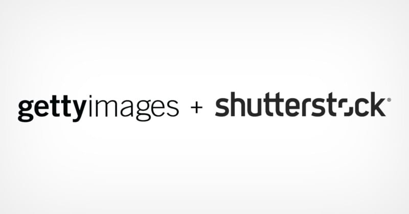 Logo displaying the text "gettyimages + shutterstock" in bold black font on a white backdrop.