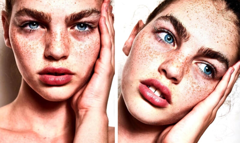 Two close-up images of a person with freckles and blue eyes. They have thick eyebrows and are gently holding their face with one hand. The expression is calm and introspective.