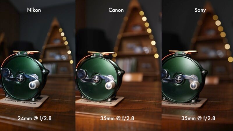  Nikon (24mm @ f/2.8), Canon (35mm @ f/2.8), and Sony (35mm @ f/2.8). Each image shows a dark green vintage camera on a wooden table with blurred background lights.