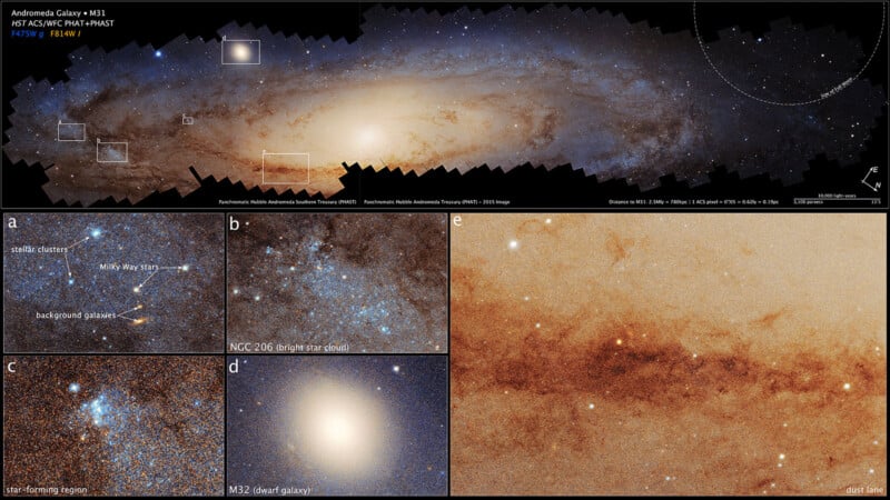 A detailed image of the Andromeda Galaxy with labeled sections. Includes star clusters, background galaxies, blue star regions, and a dwarf galaxy (M32). Insets show close-ups of these features with different color hues to highlight details.