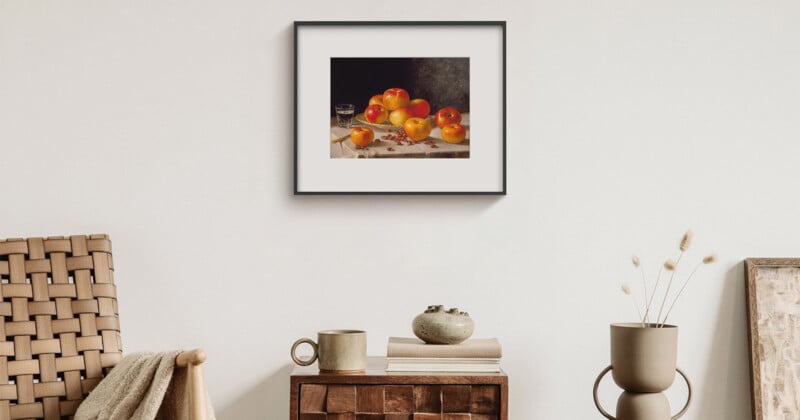 A cozy interior featuring a woven chair, a wooden cabinet with a ceramic vase, and a minimalistic art piece of oranges on the wall. Beside the cabinet is a tall vase with dried flowers. Neutral tones throughout the room.