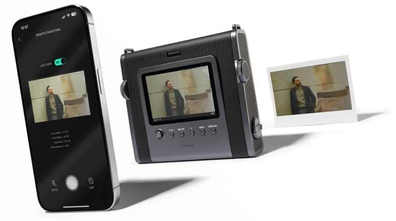 A smartphone and a camera are connected. The smartphone screen displays a remote shooting interface. The camera shows the same image as the phone: a person leaning against a wall. A printed photo with the same image is next to the camera.