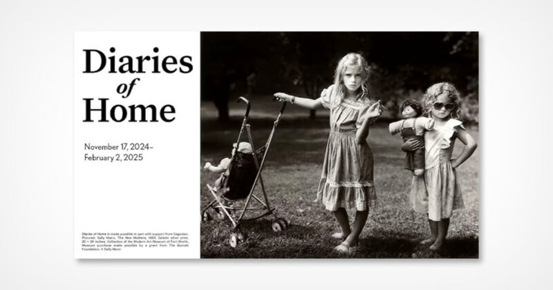 Two young girls in vintage dresses stand outdoors. One pushes a doll in a stroller, while the other holds a doll and wears sunglasses. The image promotes an exhibit titled "Diaries of Home" running from November 17, 2024, to February 2, 2025.