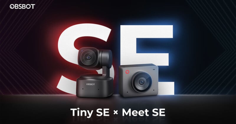 Two OBSBOT cameras are displayed against a backdrop featuring large, bold letters "SE." The Tiny SE and Meet SE models are highlighted, with a glowing light effect enveloping the letters. The branding text "Tiny SE x Meet SE" is at the bottom.