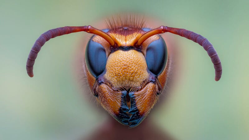 Close-up macro image of a hornet's face, showing large compound eyes, hairy texture, and segmented antennae against a soft green background. The intricate details of its exoskeleton and mouthparts are clearly visible.