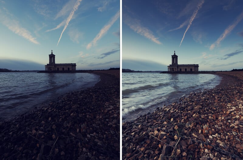 Side-by-side comparison of two similar images of a church by a lakeshore at dusk. Both feature a building silhouette against a sky with contrails, pebbled shore in the foreground, and slightly different water wave patterns.