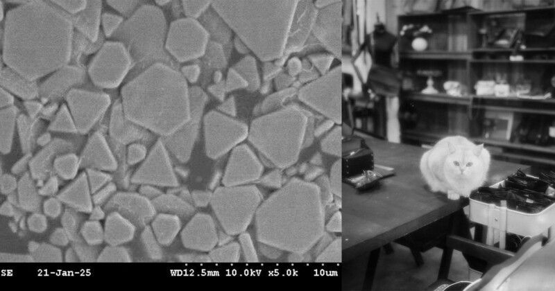  Left side shows a grayscale microscopic view of irregular, geometric shapes clustered together. Right side features a black-and-white photo of a fluffy cat sitting on a table surrounded by various objects in a cluttered room.