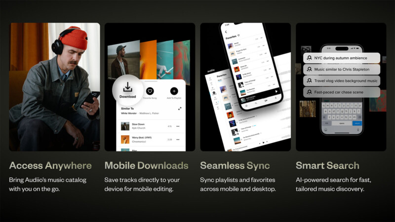 A promotional image for a music app showing four features: Access Anywhere with a person using a phone, Mobile Downloads with a download icon, Seamless Sync displaying playlists, and Smart Search with customizable search options on a smartphone.