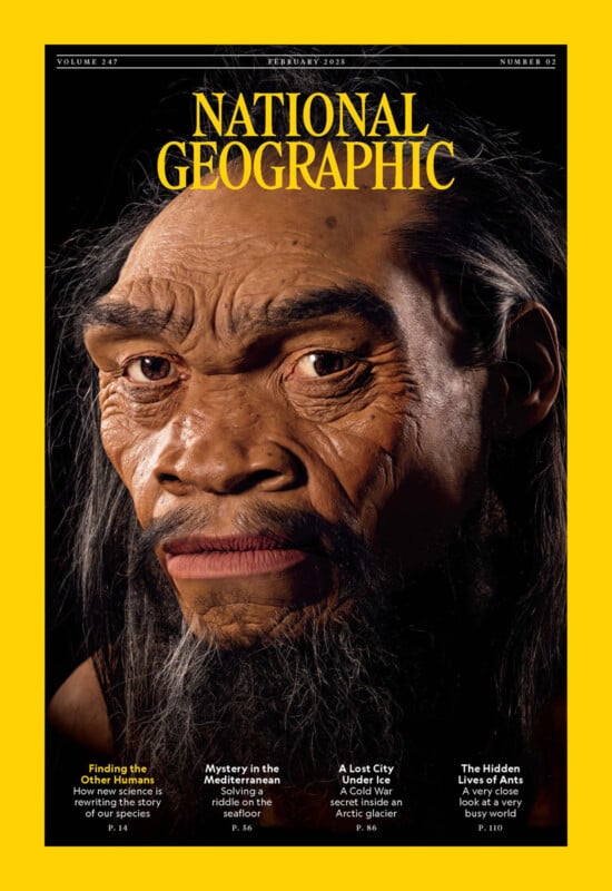 Cover of National Geographic magazine featuring a realistic portrait of a Neanderthal with long hair and an intense expression. Text includes feature articles on human ancestors, Mediterranean mysteries, and hidden lives of ants.