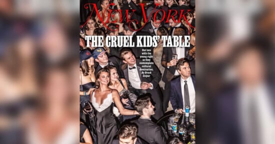 A crowded party scene with elegantly dressed people socializing around tables. The text reads "New York" and "The Cruel Kids' Table." A central woman in a white dress smiles while looking upwards.