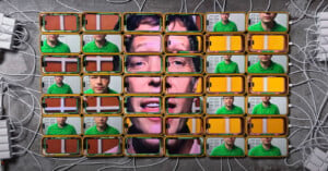 A collage of smartphone screens displays a man's face across multiple devices. Each screen shows a different part of the image, forming a complete face when viewed together. The phones are arranged in a grid, with chargers plugged in.