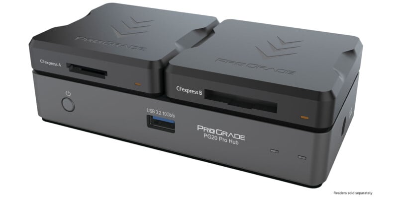 Dual-slot CFexpress card reader with USB 3.2 connectivity. The top section has slots labeled CFexpress A and B, and the bottom section has a USB port and power button, branded as ProGrade PG04 Pro Hub.