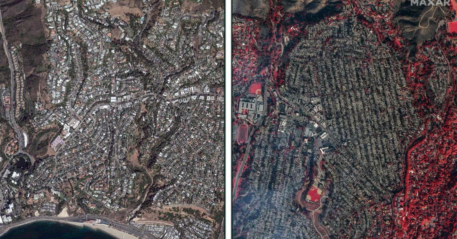 Side-by-side satellite images show a residential area before and after a wildfire. The left image depicts a dense neighborhood with greenery, while the right image shows widespread devastation, with charred land and structures.