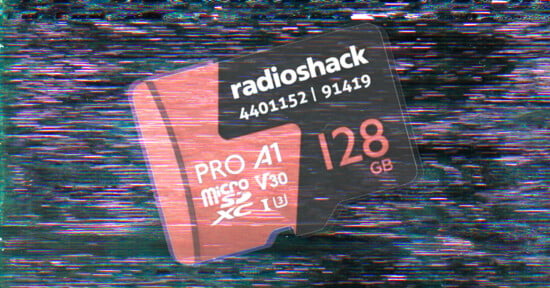 A distorted image of a RadioShack 128 GB microSD card. The card has text indicating "PRO A1," "microSD," "V30," "XC," and "U3." Background features static interference lines.