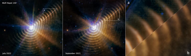 Image showing two side-by-side photos of the star Wolf-Rayet 140 taken in July 2022 and September 2023, highlighting spiral dust waves. Two insets labeled "a" and "b" zoom into sections of the September 2023 image, revealing finer details.