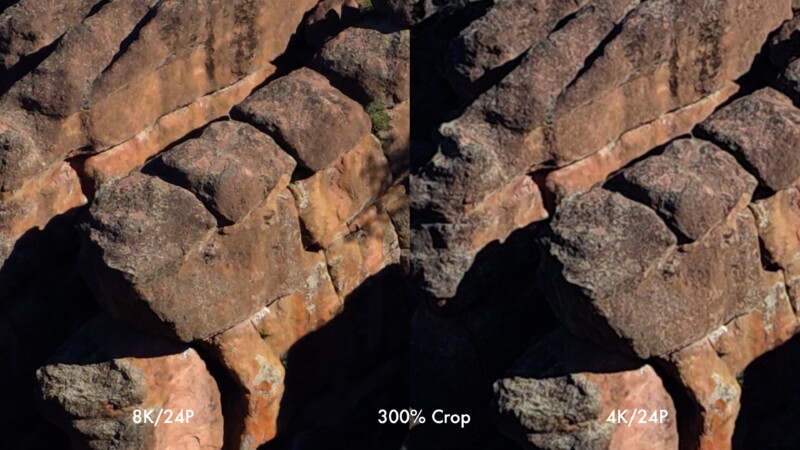 Comparison image showing a detailed view of rock formations. The left side is labeled "8K/24P" and the right side "4K/24P" with a "300% Crop" text, highlighting differences in resolution and detail between the two.