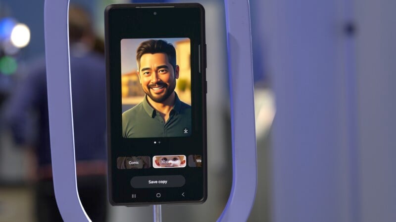 A smartphone on display shows a photo editing app with a stylized portrait of a smiling man. The device is in a vertical position, with various filter options at the bottom of the screen. The background is blurred.