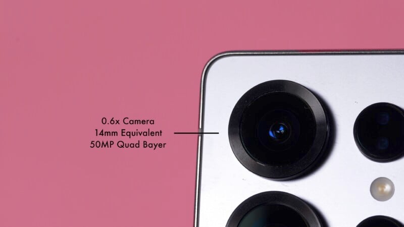 Close-up of a smartphone camera module against a pink background. The text points to the wide-angle lens, stating "0.6x Camera, 14mm Equivalent, 50MP Quad Bayer.